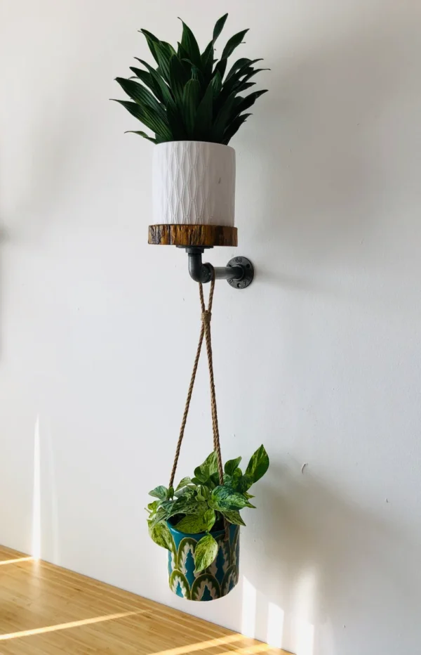 Natural Rustic Industrial Pipe & Wood Plant Shelf - Image 3