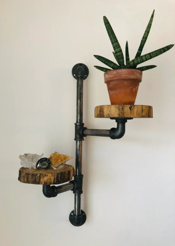 Natural Rustic Industrial Pipe & Wood Plant Shelf - Image 4